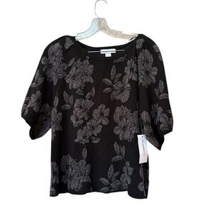 Black Metallic Floral Knit Top 3/4 Sleeve Large Liz Claiborne